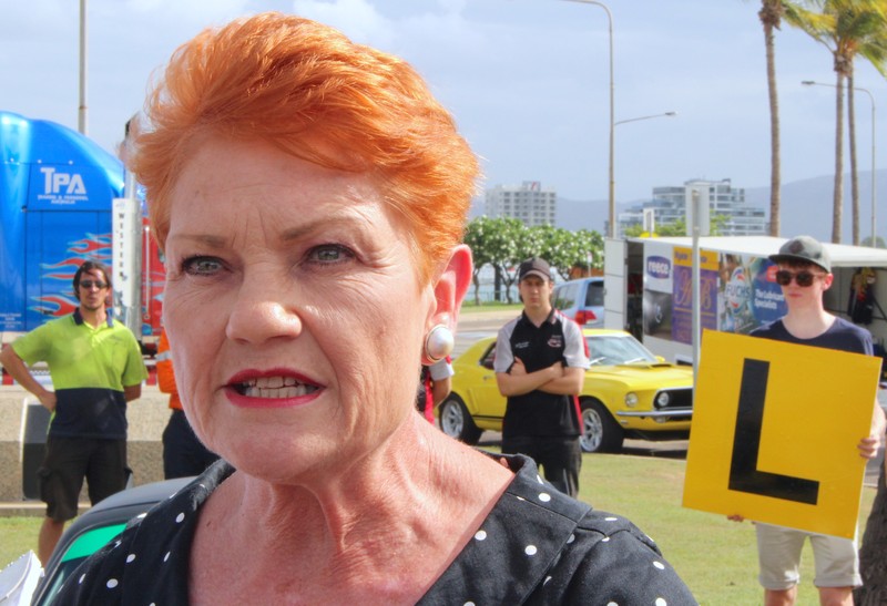 Australian senator Pauline Hanson talks with members of the media at a driving safety event in the northern Australian town of Townsville in Queensland