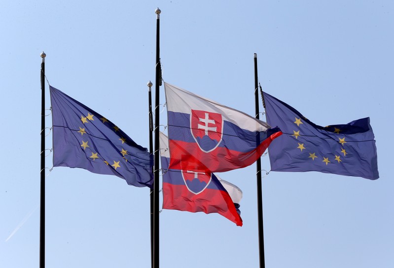 FILE PHOTO: European Union and Slovakian flags are seen outside the Bratislava Castle (Hrad) ahead of an upcoming European Union summit in Bratislava