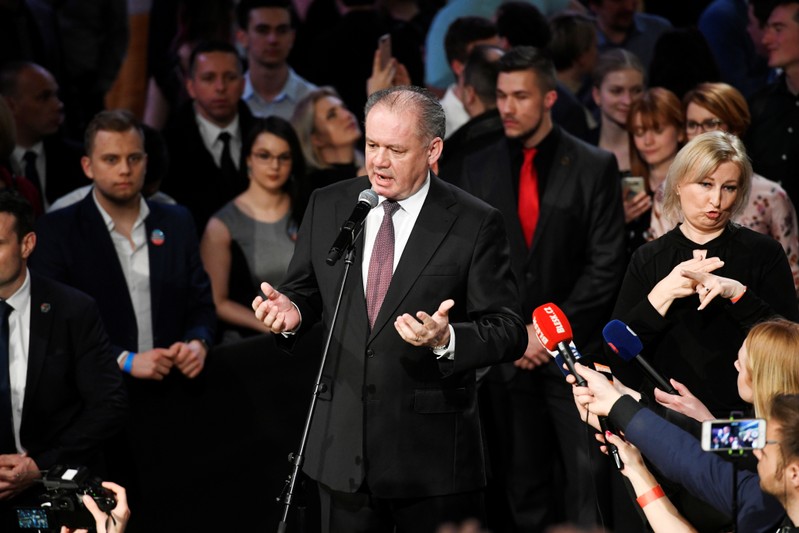 Slovakia's President Andrej Kiska speaks at the party headquarters of Slovakia's presidential candidate Zuzana Caputova in Bratislava