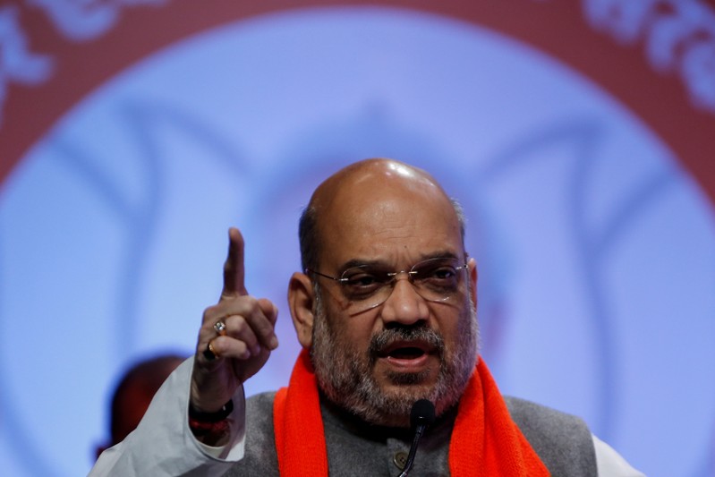 FILE PHOTO: Amit Shah, president of India's ruling Bharatiya Janata Party addresses party workers in Ahmedabad