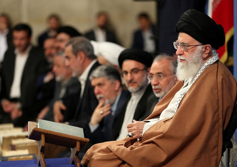 Supreme Leader Ayatollah Ali Khamenei delivers a speech during a religious ceremony in Tehran