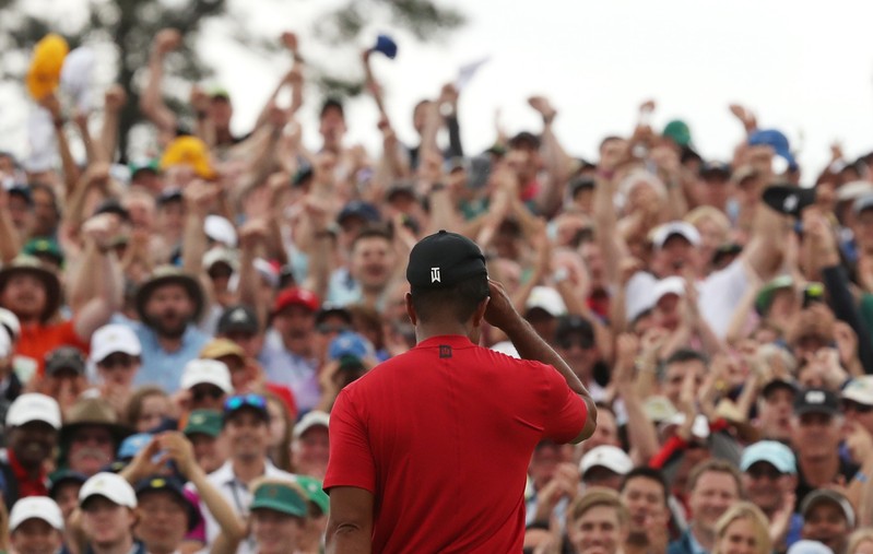 Tiger woods celebrates after winning the 2019 Masters