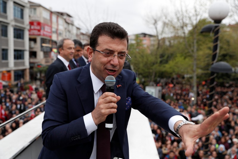 Ekrem Imamoglu, main opposition CHP mayoral candidate, addresses his supporters during a gathering in Istanbul