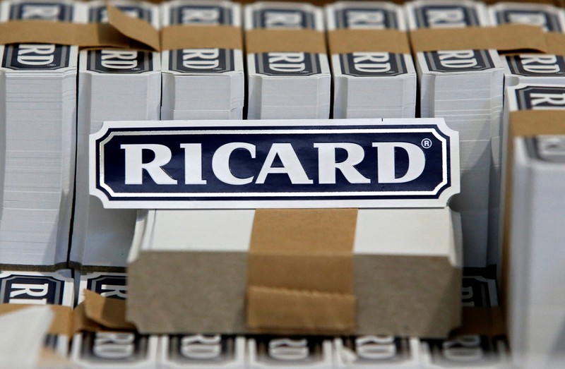 FILE PHOTO: The logo of Ricard is seen on labels at the Ricard manufacturing unit in Lormont, near Bordeaux