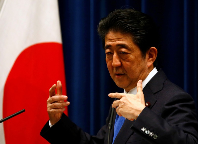 Japan's Prime Minister Shinzo Abe attends a news conference at his official residence in Tokyo