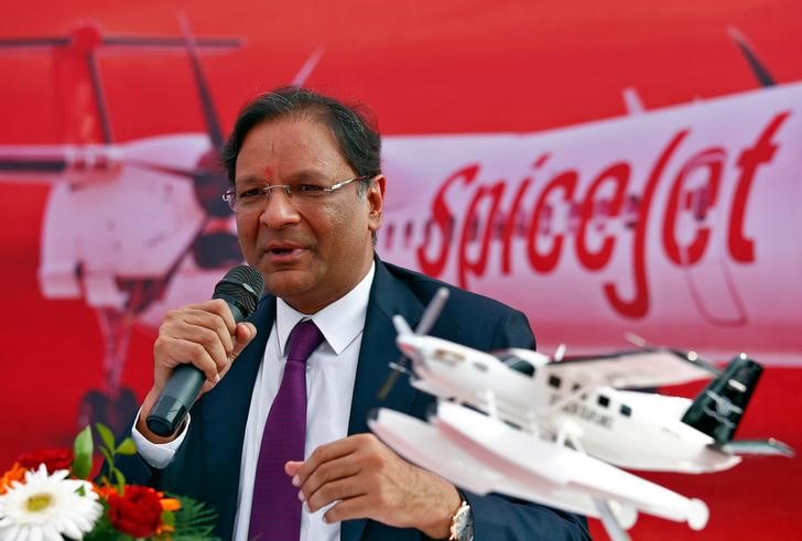 Ajay Singh, Chairman of Indian low-cost carrier SpiceJet, speaks with the media before the landing of an amphibious seaplane from Japan's Setouchi Holdings in the Arabian Sea as part of a demonstration by SpiceJet in Mumbai