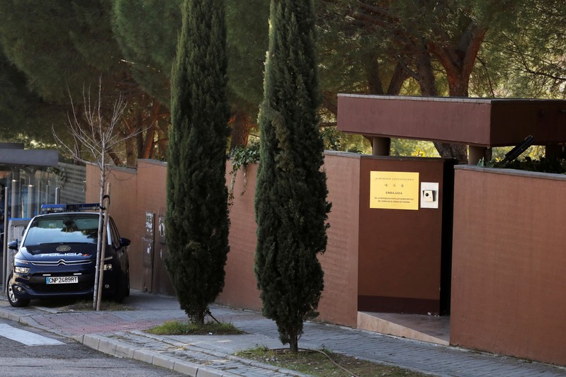 FILE PHOTO: FILE PHOTO: A Spanish National Police car is seen outside the North Korea's embassy in Madrid