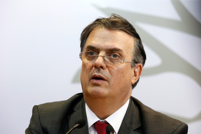 Mexico's Foreign Affairs Minister Marcelo Ebrard makes declarations to the media after a meeting of European and Latin American leaders in Montevideo