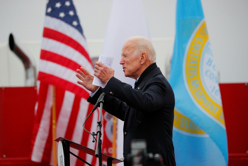Former U.S. Vice President Joe Biden speaks at a rally with striking Stop & Shop workers in Boston