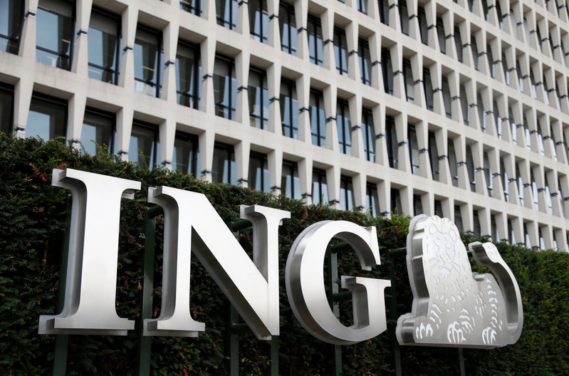The logo of ING bank is pictured at the entrance of the group's main office in Brussels