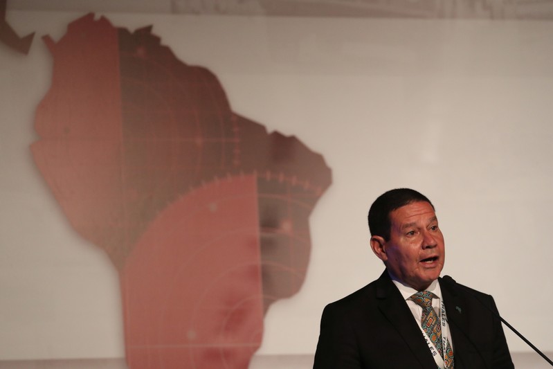 Brazil's Vice President Hamilton Mourao delivers a speech during the opening of LAAD, the biggest military industry expo in Latin America, in Rio de Janeiro