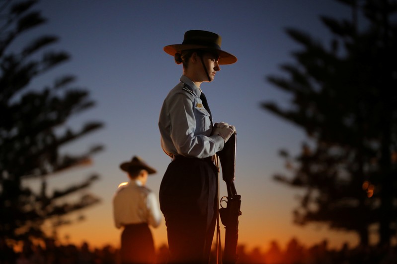 A member of the 324 Squadron during the ANZAC Day Dawn Service at Coogee Beach in Sydney