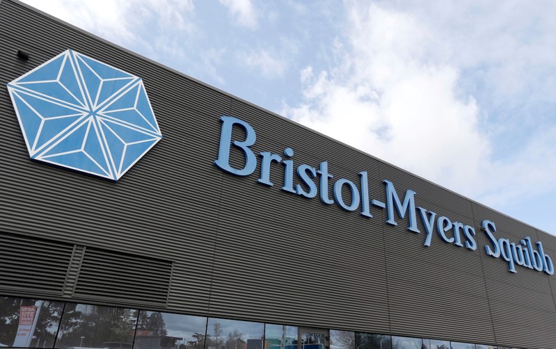 FILE PHOTO: Logo of global biopharmaceutical company Bristol-Myers Squibb is pictured at the headquarters in Le Passage