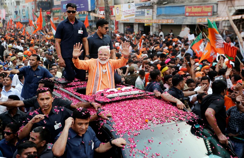 India's Prime Minister Narendra Modi holds a roadshow in Varanasi