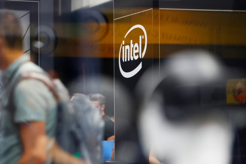 FILE PHOTO: The Intel logo is shown at E3, the world's largest video game industry convention in Los Angeles
