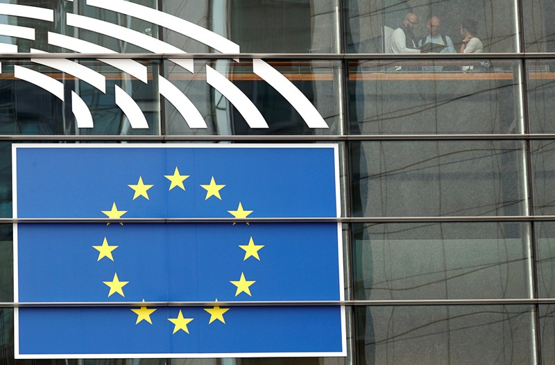 People are pictured inside the EU Parliament in Brussels