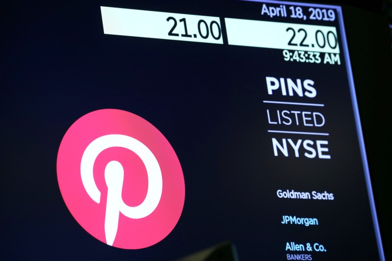 The company logo for Pinterest, Inc. with trading information is displayed on a screen at the NYSE in New York