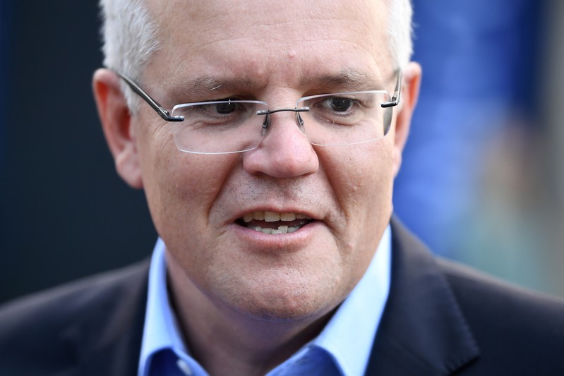 Prime Minister Scott Morrison speaks to the media as he arrives at the Horizon Church in Sutherland in Sydney