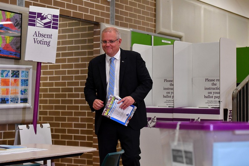 FILE PHOTO: Australian Prime Minister Scott Morrison casts his vote on Election day, at Lilli Pilli Public School, in Sydney