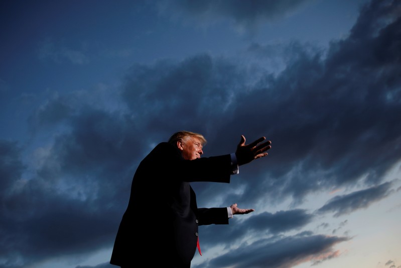 U.S. President Donald Trump reacts to supporters after addressing a Trump 2020 re-election campaign rally in Montoursville, Pennsylvania
