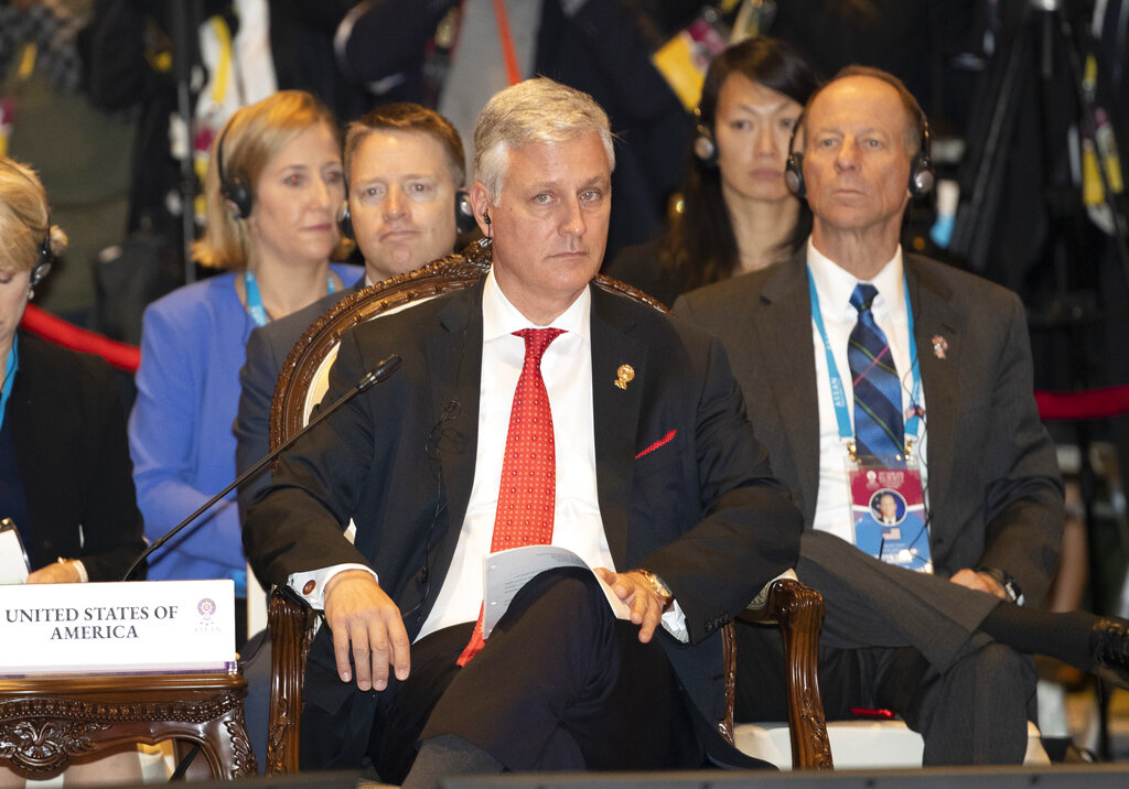 U.S. National Security Adviser Robert O’Brien attends the East Asia summit in Nonthaburi Thailand Monday Nov. 4 2019