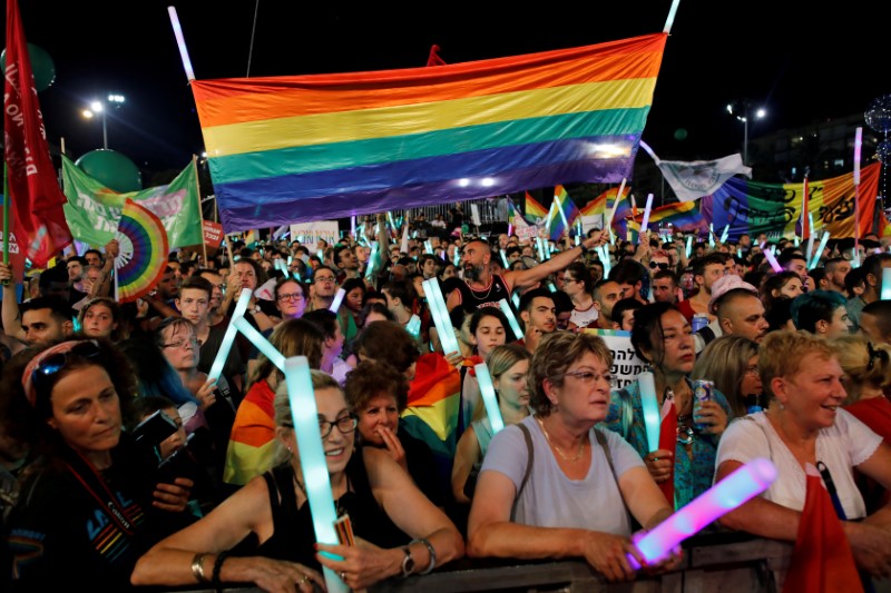 FILE PHOTO: Protesters take part in a LGBT community members protest against discriminatory surrogate bill in Rabin Square in Tel Aviv