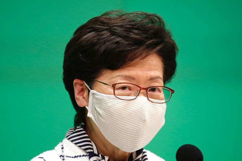 Hong Kong Chief Executive Carrie Lam, speaks during a news conference over global outbreak of the coronavirus disease (COVID-19) in Hong Kong