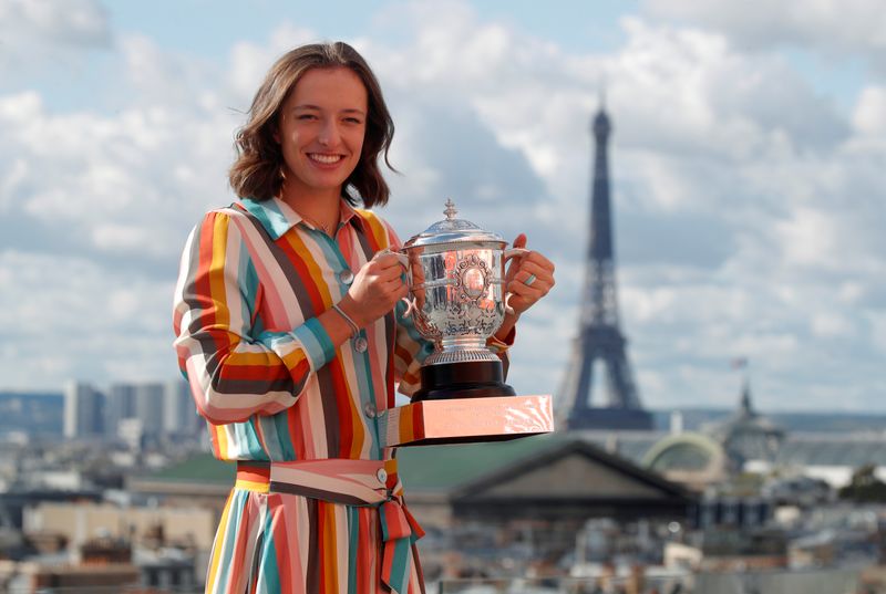 FILE PHOTO: Poland's Iga Swiatek poses with the trophy after winning the French Open